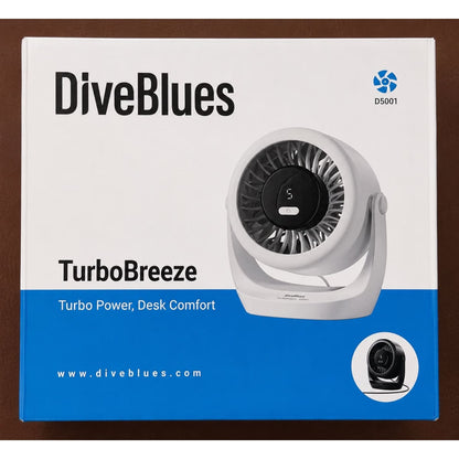 DiveBlues TurboBreeze fan product box on a brown background, showing the white and blue retail packaging with a photo of the fan on the front.