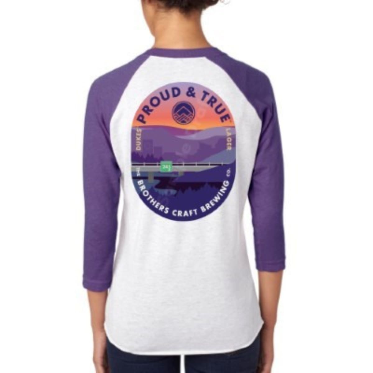 JMU Dukes Lager Logo Baseball Tee, Soft Tri-Blend Fabric, Unisex Sizes, White Heather with Purple Sleeves