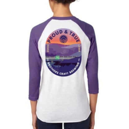 JMU Dukes Lager Logo Baseball Tee, Soft Tri-Blend Fabric, Unisex Sizes, White Heather with Purple Sleeves