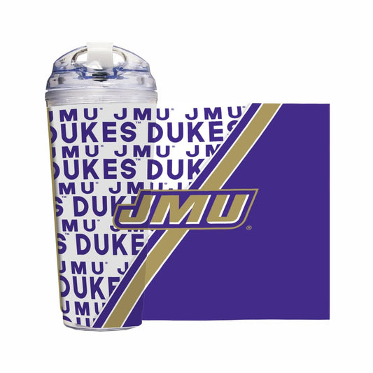 Tumbler with JMU branding on a white background
