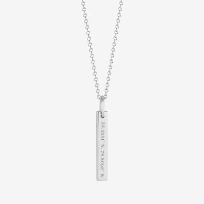 Close-up of JMU Campus Coordinates Necklace, bar pendant, adjustable chain length, Kyle Cavan Jewelry