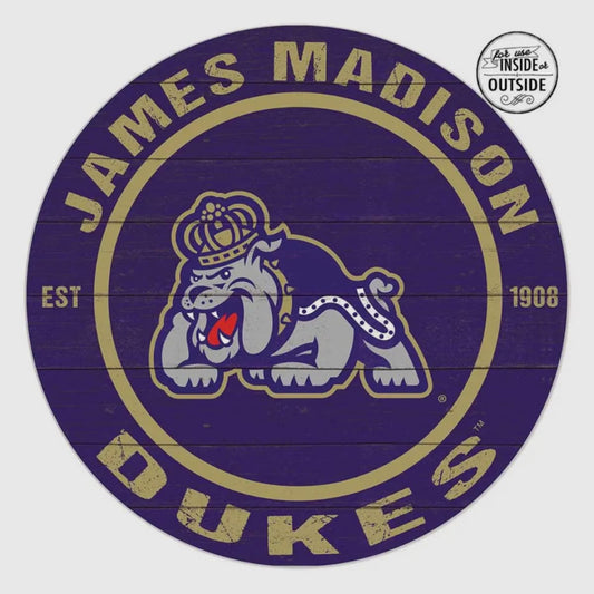 Round logo with 'James Madison Dukes' text and bulldog illustration on a purple background
