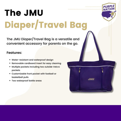 JMU Parent Travel Bag, Waterproof Diaper Bag, Embroidered Team Logo, Multiple Pockets, Washable Insert, Bottle Pockets, Zip Closure with Sport Pulls, Changing Pad Attachment