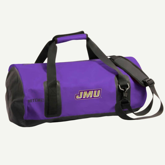 Purple duffel bag with black straps and 'JMU' logo on a white background