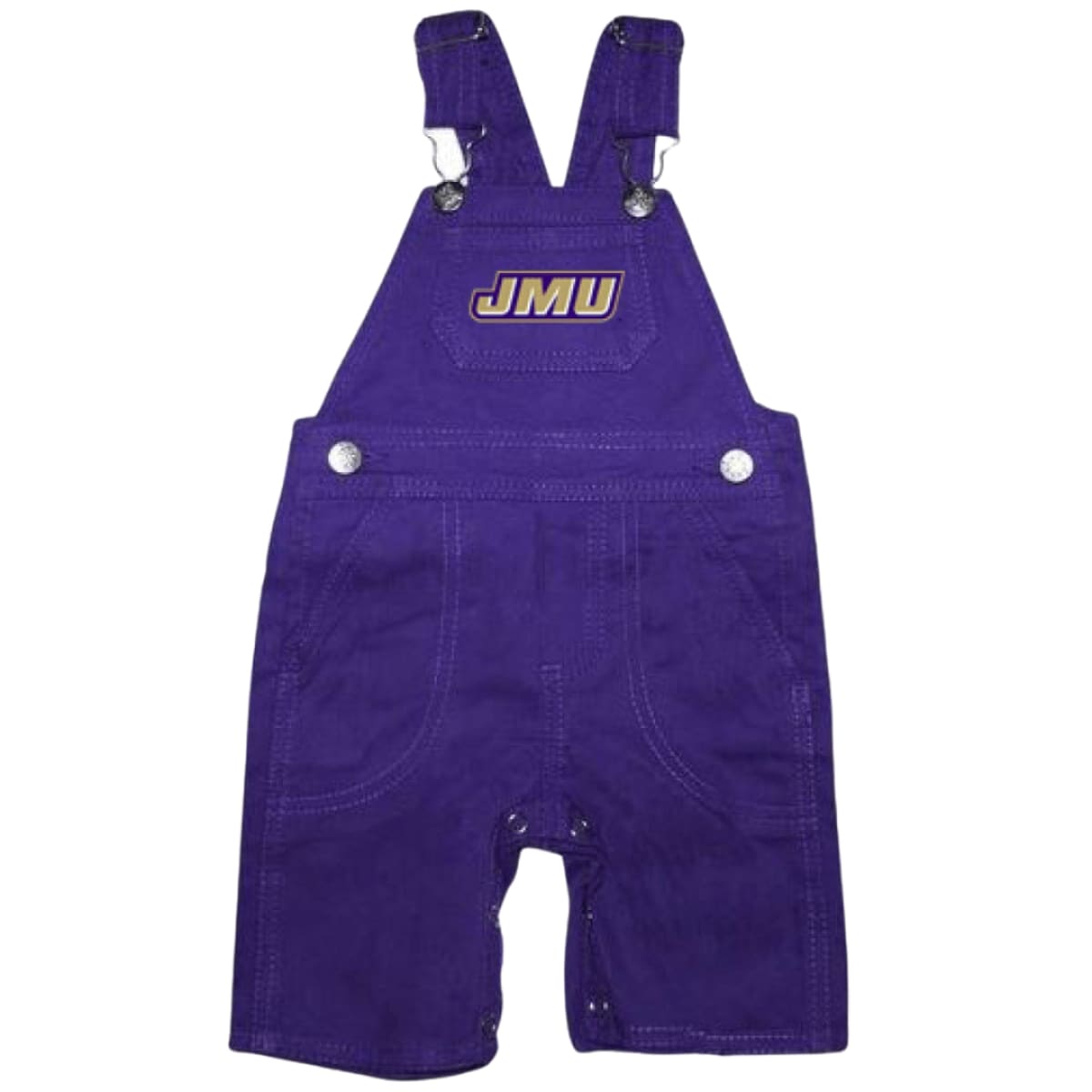 James Madison University Embroidered Denim Overalls, JMU Infant to Toddler Apparel, Soft Cotton Kids Overalls, Snap Closure, Button Waist, Adjustable Straps, Side Pockets, Official Merchandise