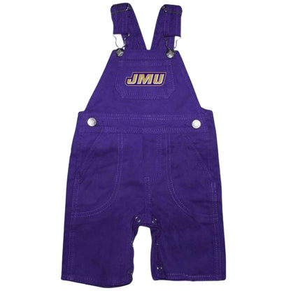 James Madison University Embroidered Denim Overalls, JMU Infant to Toddler Apparel, Soft Cotton Kids Overalls, Snap Closure, Button Waist, Adjustable Straps, Side Pockets, Official Merchandise