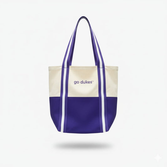 Tote bag with purple and white design on a light gray background