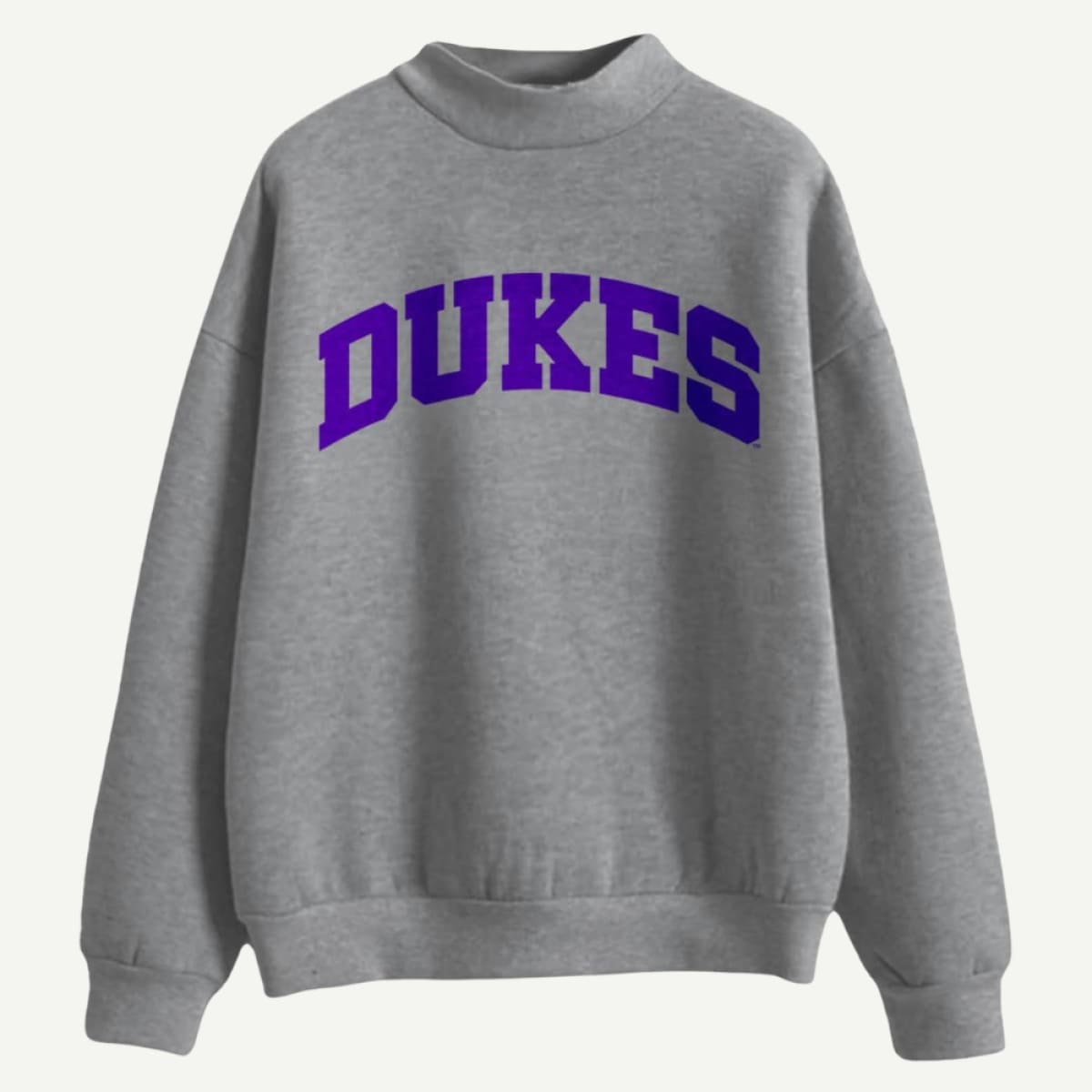 Gray sweatshirt with 'DUKES' printed in purple on a white background