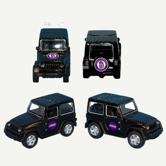 Black JMU Pullback ATV Toy Truck with James Madison University logo, shown from front, back, left, and right sides.