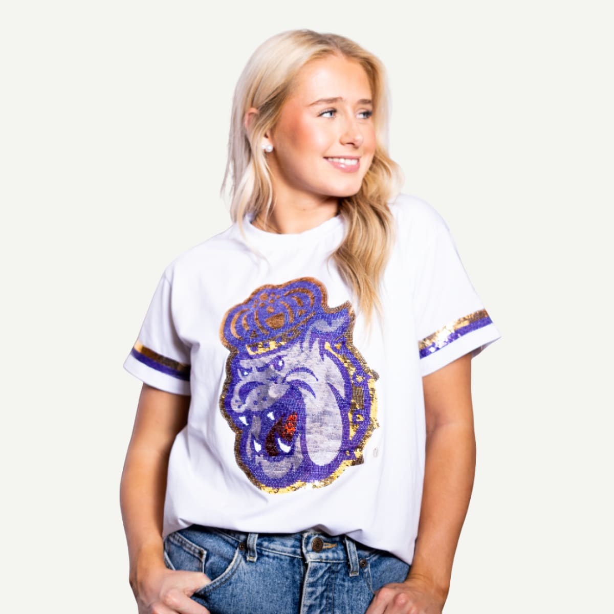 JMU Women’s Sequin Duke Dog Top – White Game Day Tee