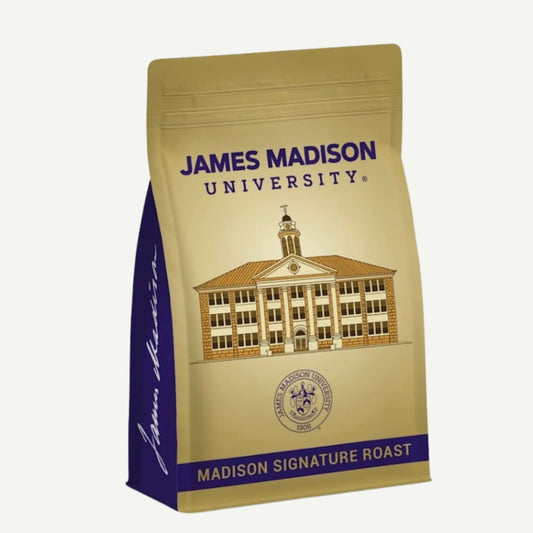 Coffee bag with James Madison University branding on a white background