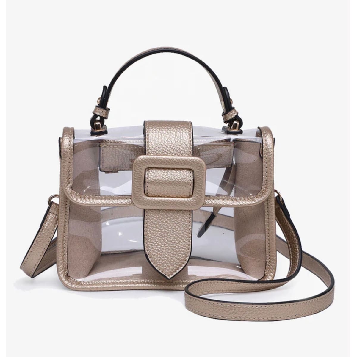 A structured clear plastic handbag with metallic taupe leather trim, a top handle, a front buckle strap, and a detachable shoulder strap, shown on a light gray background.