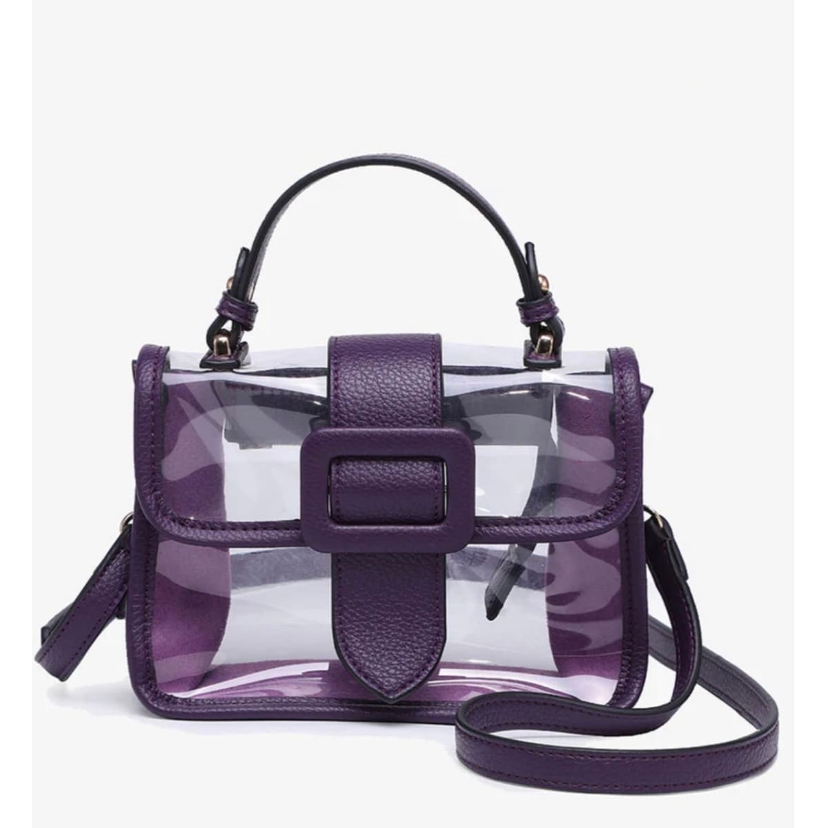 A purple and clear plastic handbag with a top handle, front flap, and shoulder strap, shown on a light gray background.